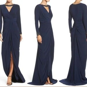 Adrianna Papell Elegant Navy Long Sleeve Evening Dress with Beaded Cuffs size 12